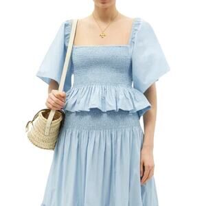 RHODE Elena Shirred Cotton Poplin Top Peplum Ruffle Hem Light Blue Size Small